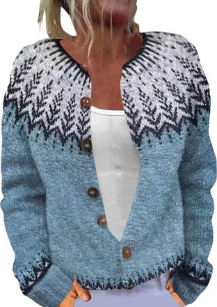 Generic Fair Isle Cardigan Jumpers Womens Winter Long Sleeve Button Jumper Fine Knitted Cardigans Sweater Soft Warm Casual Smart Print Boho Knitwear Tops Ladi