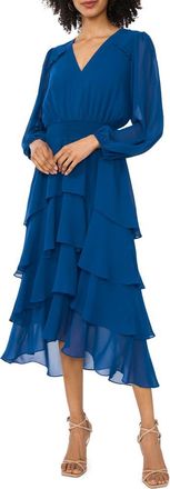 Vince Camuto Smocked Waist Long Sleeve Tiered Midi Dress in Estate Blue at Nordstrom, Size X-Small