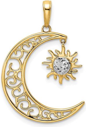 Diamond2Deal 14k Yellow Gold White Rhodium Diamond-cut Moon Dangle Sun Pendant