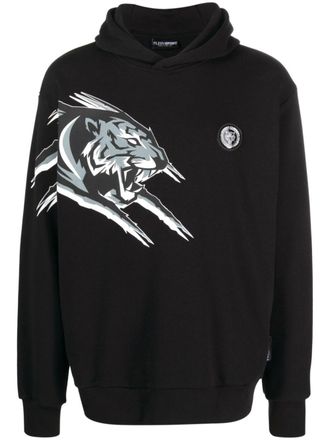 Plein Sport Tiger-print cotton hoodie - men - Cotton - L - Black
