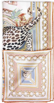 Ferragamo Womens Silk Scarf Felini Print Ivory-Orange Multicolour Scarfs