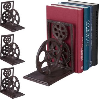 Relaxdays 4 X Sujeta Libros Retro, Engranajes Y Rollo Pel&iacute;cula, Hierro Fundido, Dvds, Topes Decorativos, 16 X 13 X 10 Cm, Marr&oacute;n