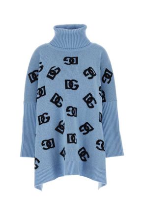 Dolce & Gabbana Blue High Collar Wool Poncho With Dg Logo Studs