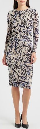 Anne Klein Ruched Mesh Midi Dress in Dutch Blue Multi at Nordstrom, Size Xx-Small