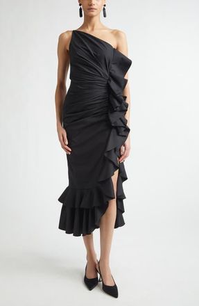 Carolina Herrera Ruffled Asymmetric Ruched One-Shoulder Midi Dress in Black at Nordstrom, Size 14