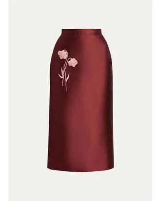 Erdem Floral Embroidered Mikado Silk Midi Skirt