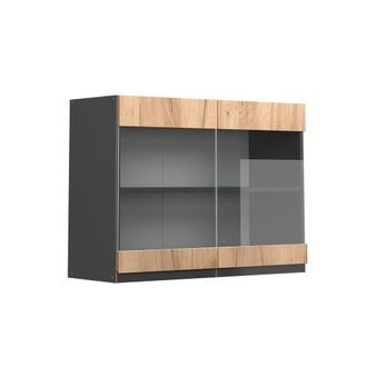 Vicco Armario De Cocina Con Vidrio R-line, Roble Dorado, 80 Cm Forma De J, Vicco
