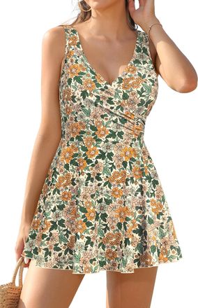 SHEKINI Womens V Neck One Piece Swimdress Vintage Front Cross Swimsuit Padded Tummy Control Bathing Suit with Shorts, Nude+Flower, X-Large