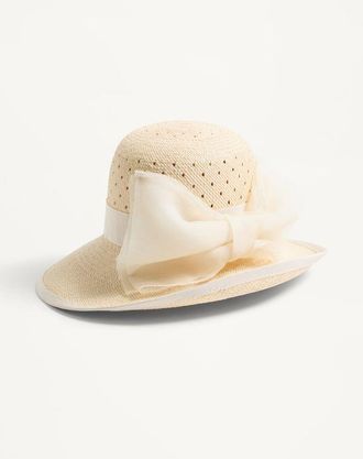 Valentino Garavani Cappello Vlogo Signature In Panama Traforato E Fiocco In Organza Donna NATURALE 55