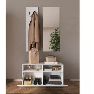 Dmora Mueble De Entrada Rizzuto, Espejo Incluido, Perchero, 4 Pares, 91x36x165h Cm Blanco Brillante