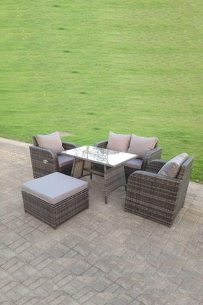 Fimous Rattan Garden Furniture Set Adjustable Chair Sofa Double Love Seat 2 Seater Sofa Rectangular Dining Table Big Footstool in Dark Grey
