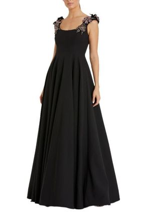 Mac Duggal Crepe Sleeveless Ballgown With Rhinestone Flowers in Black at Nordstrom, Size 10