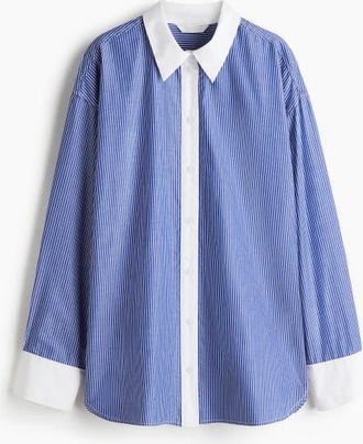 H&M Oversized Poplin Shirt in Blue/white Striped at Nordstrom, Size X-Small
