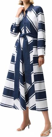 Joseph Ribkoff Cotton Stripe Print Fit And Flare Dress With Sash In Navy White