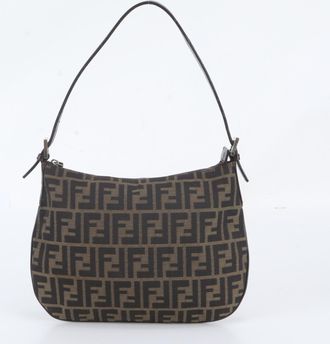 Fendi Brown Leather Canvas Handbag Shoulder Bag Tote Bag (Pre-Owned)