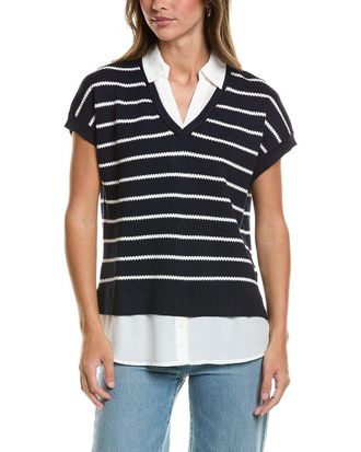 Adrianna Papell Drop Shoulder Textured Stripe Twofer Sweater