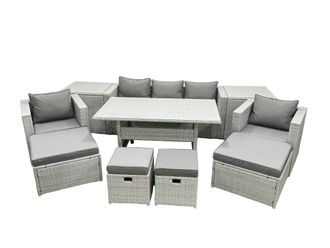 Fimous Rattan Garden Furniture Set Outdoor 9 Seater Patio Dining Sets with Glass Top Dining Table & 2 Side Tables Light Grey Mixed