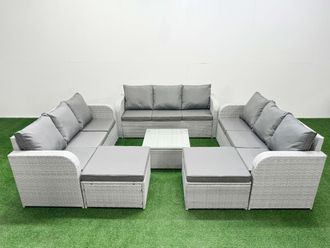 Fimous PE Rattan Lounge Sofa Set 11 Seater Outdoor Garden Furniture Set with Square Coffee Table 3 Seater Sofa 2 Big Footstools Light Grey