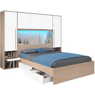 Vente-Unique Letto con LED e vani portaoggetti 160 x 200 cm Naturale e Bianco lucido - VELONA