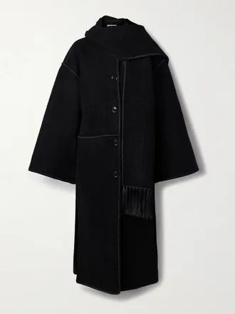 Toteme Giacca In Misto Lana Bouclé Con Sciarpa E Frange - Nero