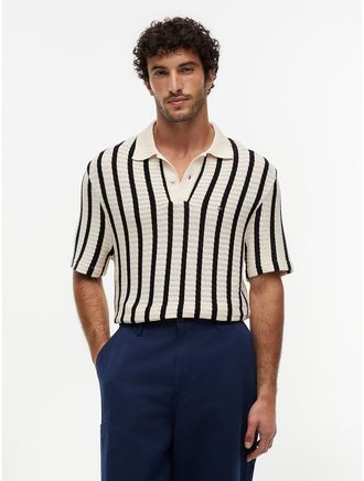 Tommy Hilfiger Mens Classic Fit Stripe Open-Knit Polo - Black - L