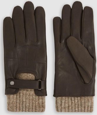 Reiss Sanford Gloves Leather Ribbed, Dark Brown Size: S