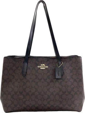 Coach Signature Black Dark Brown Signature Line Tote Bag (Pre-Owned)