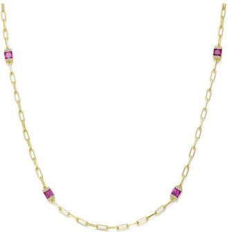 Rachel Glauber 14K Gold Plated with Ruby Red Cubic Zirconia Square Accents Chain Necklace