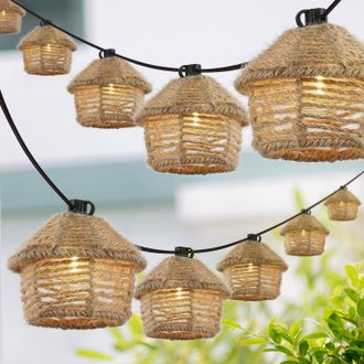 Jonathan Y Designs Maui 10-Light Indoor/Outdoor 10 ft. Mid-Century Vintage Incandescent G40 Tiki Hut Hemp Rope Shaded String Lights, Brown