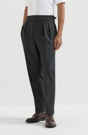 Brunello Cucinelli Virgin wool flannel trousers in twisted cotton gabardine with double pleats and waist tabs in Lignite at Nordstrom, Size 54 It