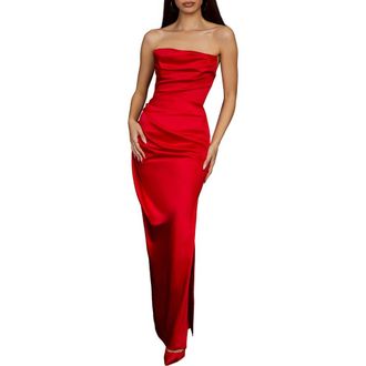House of CB Adrienne Gathered Satin Strapless Gown in Scarlet at Nordstrom, Size X-Large D