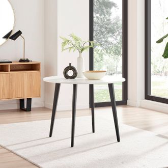 Furniturebox Koko 4-Seater Round Melamine Scratch Resistant Dining Table With Black Legs in White