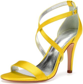 Generic Wedding Bridal Shoes Womens Stiletto Heels Sandals Sexy Open Toe Bridal Satin Wedding Party Dressy Heels Shoes 10.5Cm,Yellow,6 UK