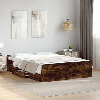 vidaXL Cama Con Cajones Madera De Ingenier&iacute;a Roble Ahumado 135x190 Cm Vidaxl