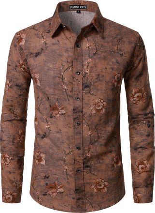 PARKLEES Mens Cotton Linen 70s Disco Retro Traditional Pattern Printed Long Sleeve Button Down Shirt Brown X-Large