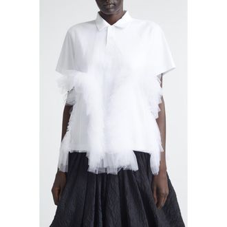 Comme Des Gar&ccedil;ons Cotton Ponte & Tulle Polo in White at Nordstrom, Size X-Small