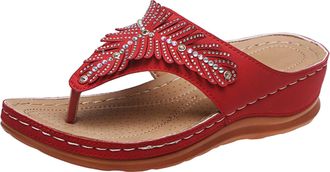 Generic 2026 Women Slippers Sandals Fashion Pattern Water Decoration Open Toe Breathable Comfortable Casual Beach (Red, 6.5)