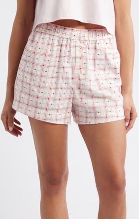 Open Edit Print Cozy Flannel Boxer Pajama Shorts in Ivory- Red Heart Sketch Plaid at Nordstrom Rack, Size X-Large