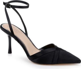 Badgley Mischka Parklyn Ankle Strap Pointed Toe Pump in Black Satin at Nordstrom, Size 9.5