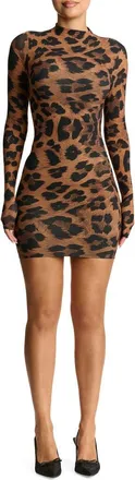 Naked Wardrobe Print Long Sleeve Body-Con Minidress in Leopard at Nordstrom, Size Large