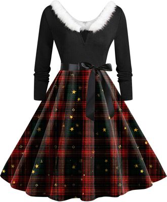 Generic Christmas Dress Women V Neck Long Sleeve Winter Printed Pullover Party Wear Xmas Swing Costume Dresses Womens Christmas Sweatshirt Outfits Swing Dress