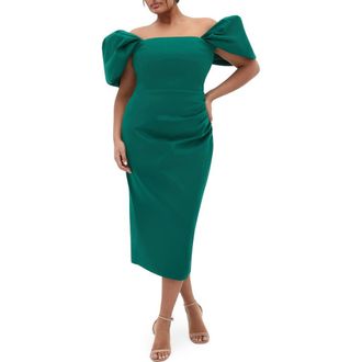 City Chic Elyse Puff Sleeve Sheath Dress in Emerald at Nordstrom Rack, Size L/20W