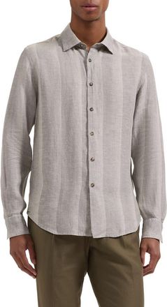 Bugatchi Julian Shaped Fit Shadow Stripe Linen Button-Up Shirt in Khaki at Nordstrom, Size Xxx-Large