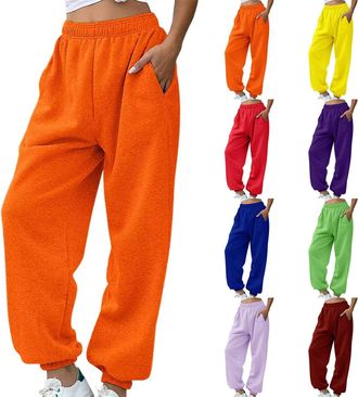 Generic Fleece Sweatpants Womens Thicked Thermal Jogging Bottoms Solid Drawstring Cinch Warm Winter Trousers Elastic High Waist Tracksuits Baggy Straight Leg 