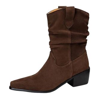 Generic Womens Mid Calf Western Boots Pointed Toe High Block Heel With Sewing Detail Slip On Retro Style Cowboy Booties