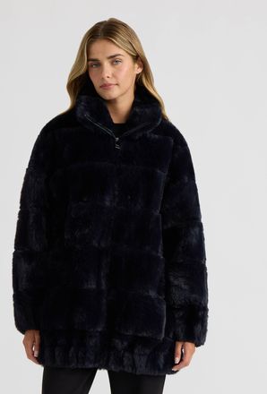 NVLT Womens Faux Fur Zip Jacket with Elastic Waistband and Cuffs