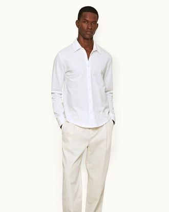 Orlebar Brown Giles Pique Classic Collar Cotton Pique Shirt in White at Nordstrom, Size X-Large