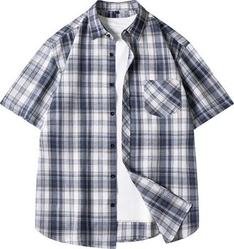 Generic Mens Checked Shirt Short Sleeve Flannel Shirt for Men Fashion Lightweight Lapel Collar Button Down Summer Casual Tops Breathable Versatile Daily Wear 