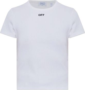 Off-white Ribbed Fitted Text Detail Cotton T-Shirt