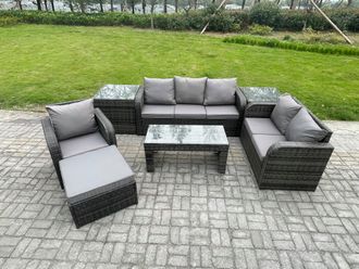 Fimous 7 Seater High Back Rattan Garden Furniture Set with Loveseat Sofa Rectangular Coffee Table 2 Side Tables Indoor Outdoor Patio Lounge Sofa Set